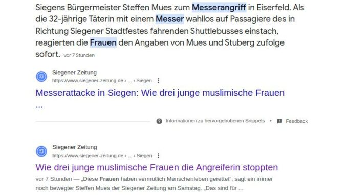 Messerstecherin von drei muslimischen Frauen überwältigt.